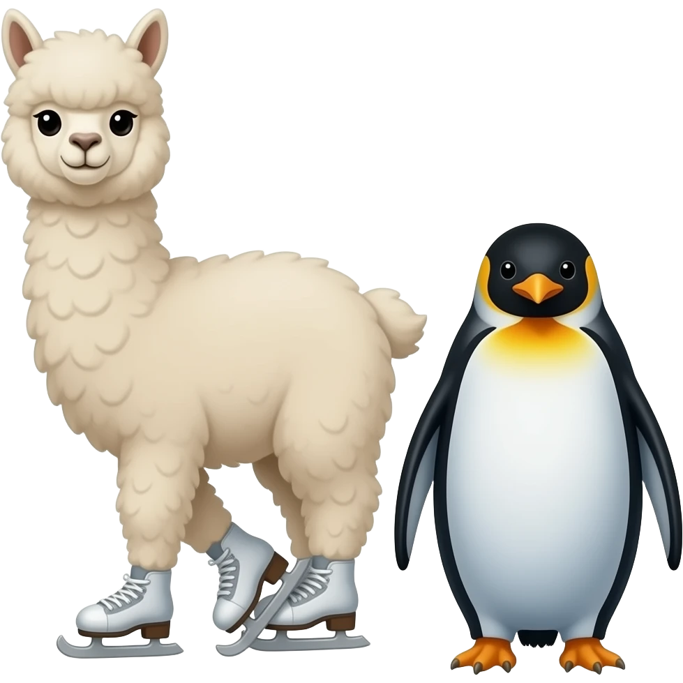 crea a una alpaca patinando y a un pingüino pintando emoji