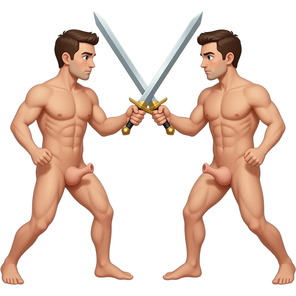 fully naked men sword fighting with their dicks emoji