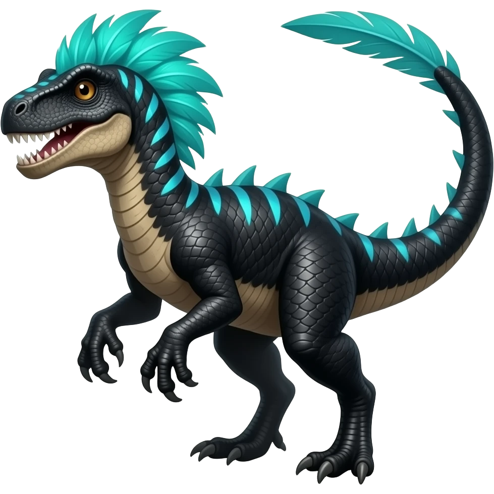 Cool edgy ancient black-scaled with neon-blue stripe markings digitigrade bipedal vintage futuristic raptorik fantasy-Cyberpunk-Steampunk-Solarpunk-Genesect-Salamence-Cyclizar-Salazzle-Feraligatr-Fakémon-animal-hybrid, with neon feather-mane, and a tail blade, back spikes, full body emoji