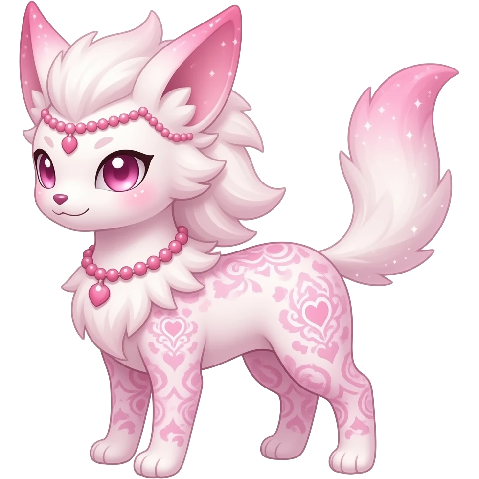 Fuzzy slim oriental feathery long-haired beaded mane cozy rosy aesthetic Rosy beautiful gorgeous pretty Petite shiny glossy sparkly romantic pastel damask Absol-Sylveon-Amaura-Aurorus-Espeon-Fakemon-hybrid with heart sparkle patterns emoji
