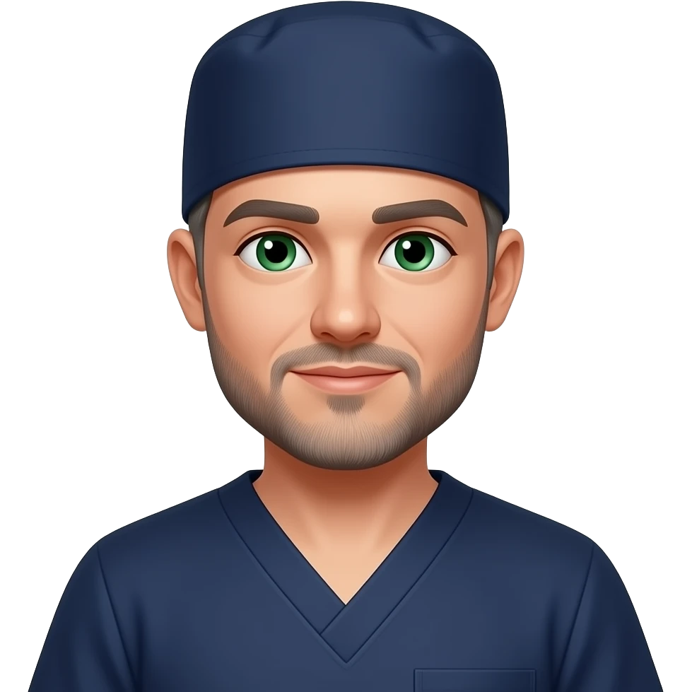doctor with dark gray hair, beard stubble and green eyes in dark navy scub cap, dark navy shirt with no eyeware emoji