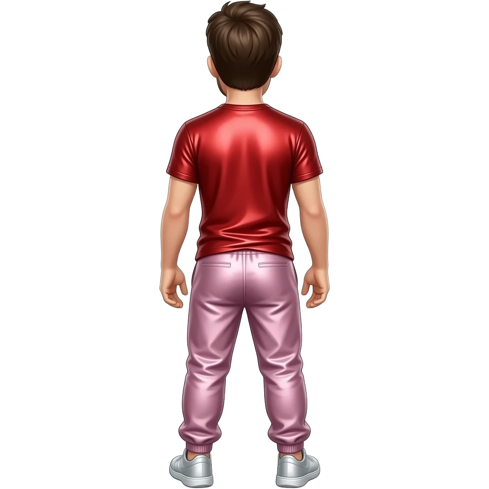 Markiplier from behind with red metallic t-shirt, light pink metallic saggy joggers emoji