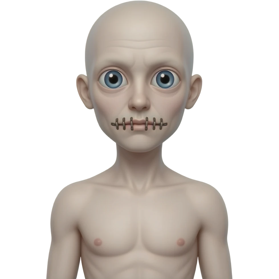 scary  big eyed entity who looks human with a mouth sewn shut whose standing tall and is very skinny emoji