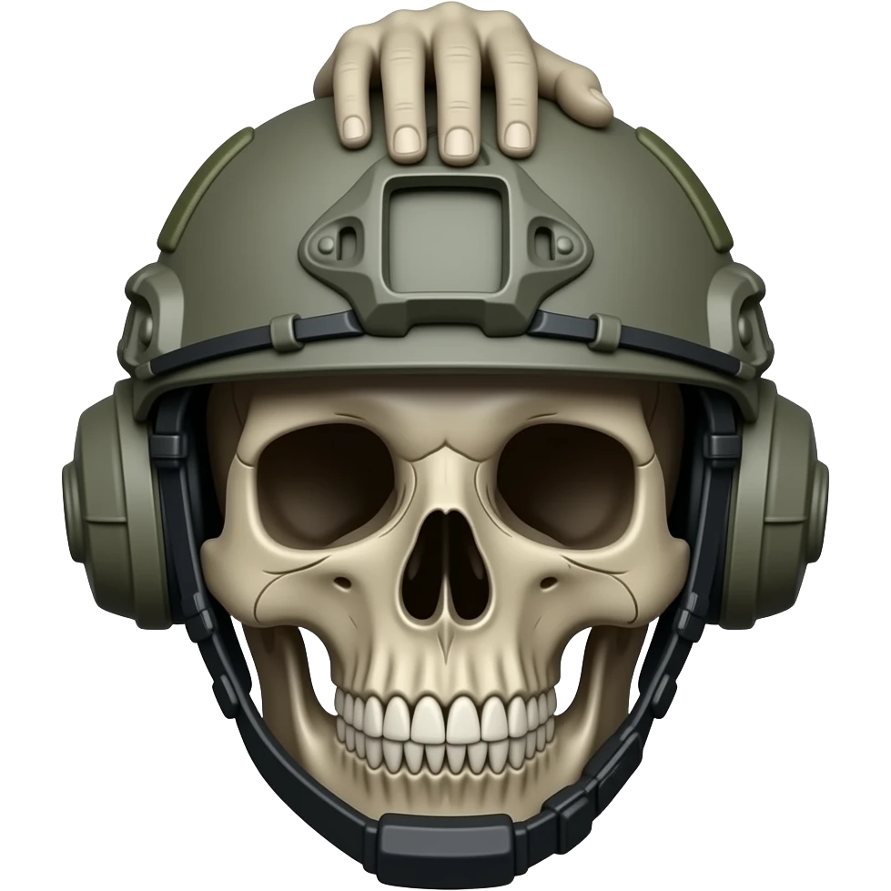turn the skull into a military emoji with a tactical helmet and one hand tapping the top of his head emoji