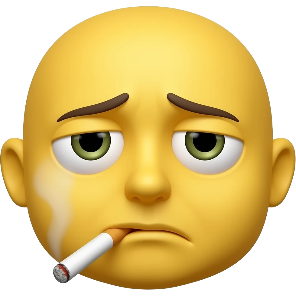 Tired and stressed yellow smiley emoji with heavy eyes smoking a cigarette emoji