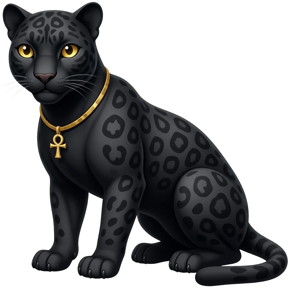 an egyptian black panther crouching with dark grey markings in its black fur and golden yellow eyes. an ankh necklace around its neck emoji