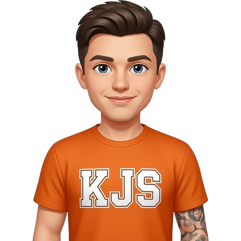 A guy with a tattoo a orange kjs jumper on bold emoji