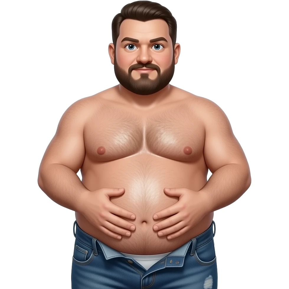 Nahaufnahme eines fetten behaarten Mannes der nur eine offene Jeans trägt. Seine Haut ist ölig glänzen und er hält mit beiden Händen sein dicken runden Bauch fest emoji