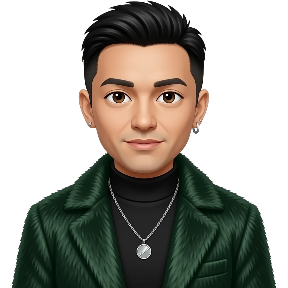 Mike Shinoda with dark brown eyes, black hair, black turtleneck shirt, dark green fur coat, olive metallic baggy pants, necklace and earrings emoji