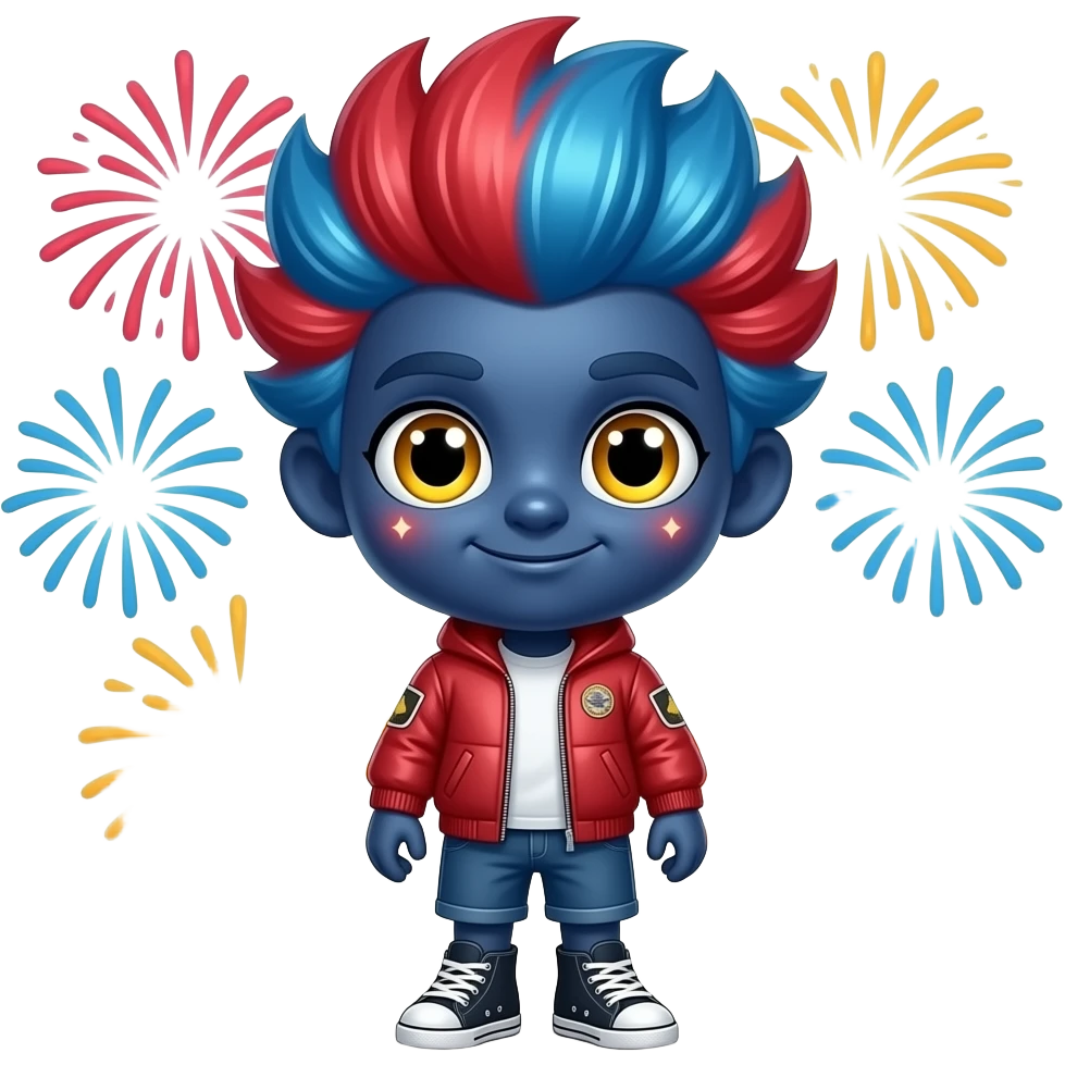 A full-body fireworks entity with a huge head, small body, deep blue ...
