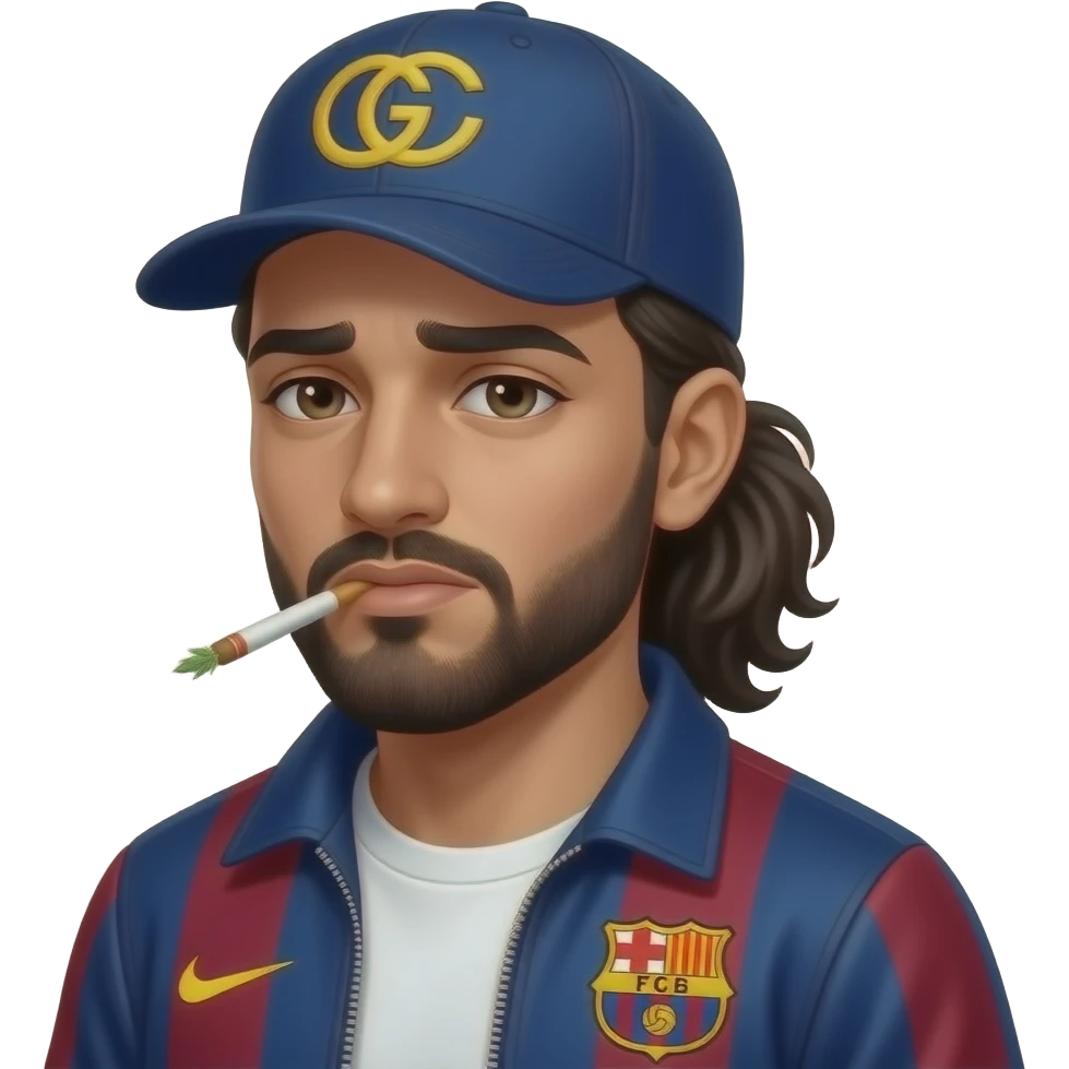 Arabe, avec joint de shit dans la bouche, et les yeux fatigués , queue de cheval, veste Barca, casquette Gucci emoji