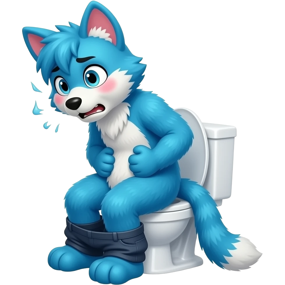 blue fursuit sitting on toilet, side view, pants down, straining face, blushing face, pain, pushing, both hands on stomach, discomfort, grunting emoji