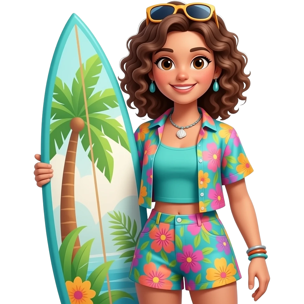 A cute 3D render of a woman with curly brown hair, wearing a teal tank top, a colorful floral print short-sleeved shirt, and matching floral print shorts. She is holding a surfboard with a tropical design. She has sunglasses perched on her head and is wearing a shell necklace and bracelets. emoji