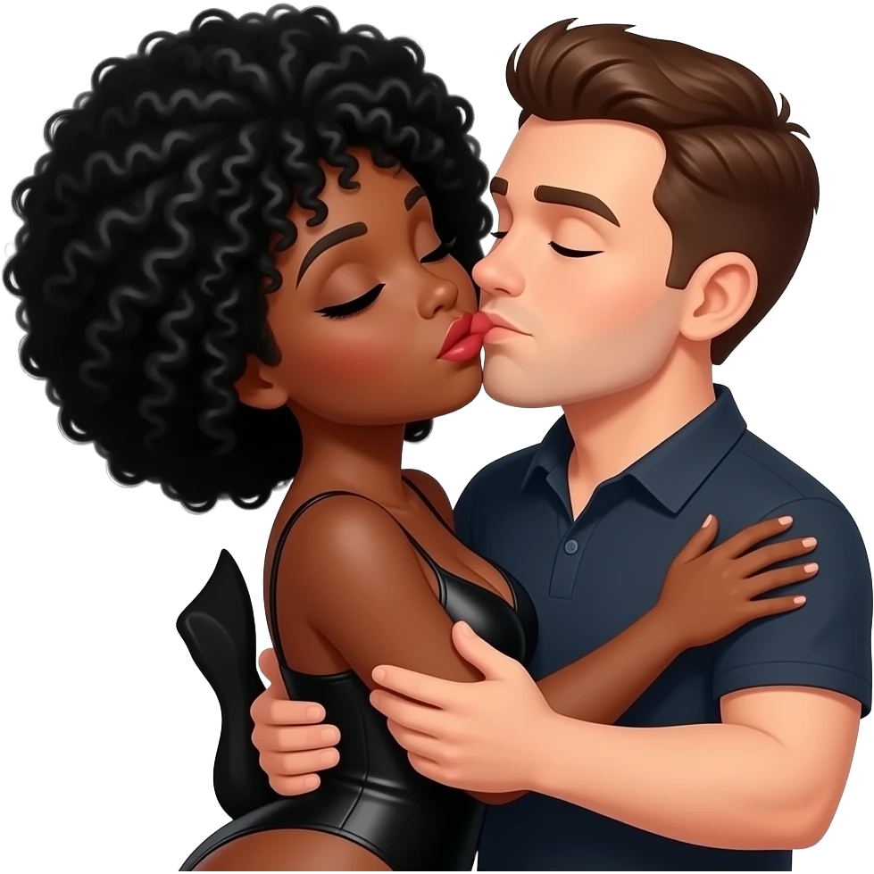 A sexy black woman with black hair Afro having sex with white man with brown hair emoji
