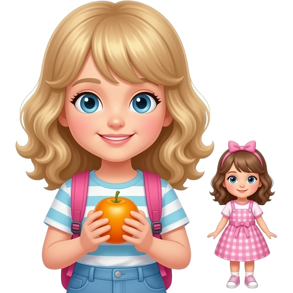 white kid blue eyes mid length hair to shoulders with bangs soft curly hair to shoulders in color: middle to little darker blond. holding a fruit in her hands with a pink backpack beside her and on the other side tomorrows outfit (toddler girl) emoji