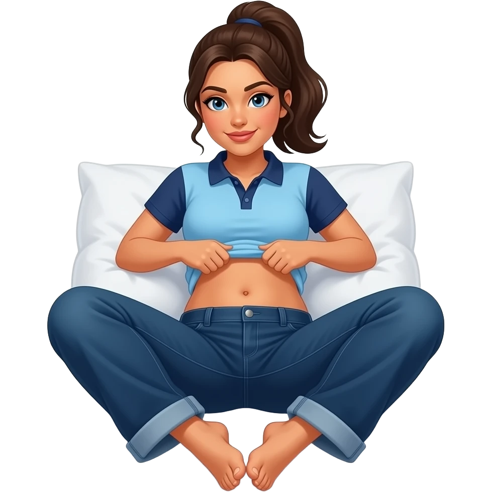 hispanic woman with brown ponytail and blue eyes light blue dark blue polo and dark blue baggy jeans and belly button lifting her shirt showing her feet laying in bed emoji