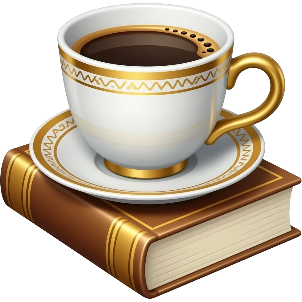 coffee in a white cup whit golden details on a book emoji