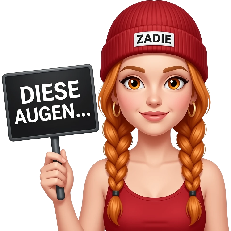 sexy girl with overlong ginger braids and ginger eyes wearing a red tanktop and a red beanie with ZADIE written on it, is holding a black sign with DIESE AUGEN... written on it emoji