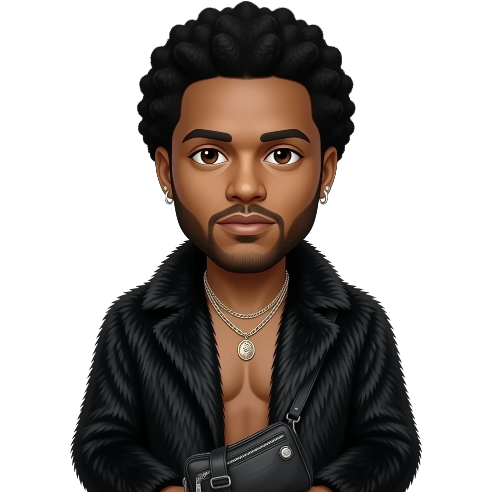The Weeknd with dark brown eyes, black afro hair, black fur coat, black metallic baggy pants, shirtless with necklace and earrings emoji
