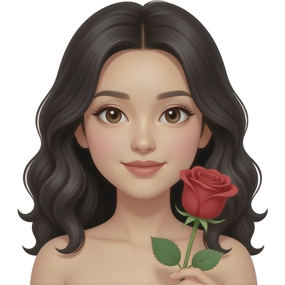 Mujer asiática recibiendo una rosa, que la chica sea piel muy clara, cabello ondulado y negro y con ojos asiáticos emoji