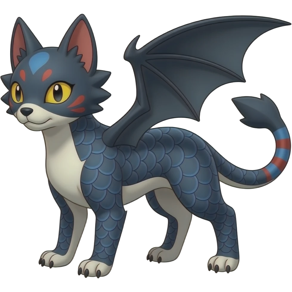 Digitigrade quadrupedal midnight scaly blue-gray-black, with red markings, white belly, scaley Bastet-Salandit-Absol-Umbreon-Litten-Noibat-Digimon-Fakémon-Pokémon-creature (full body), with bat wings, with bat-head-wings emoji