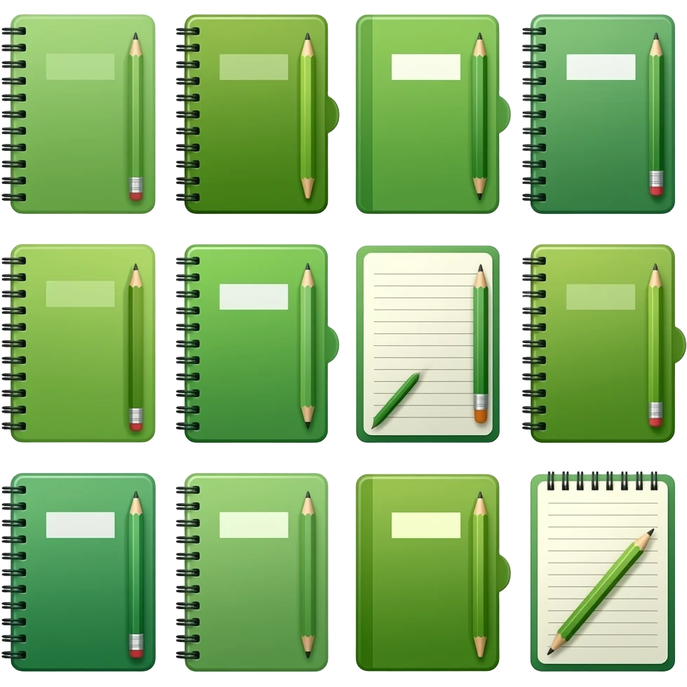 green notebook and pencil  16 We are looking from the front emoji