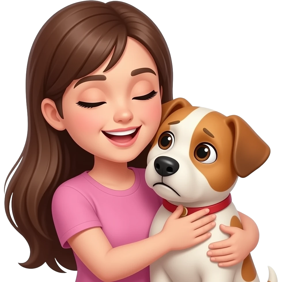 “Una mujer joven abrazando a un perro pequeño y hablándole de forma tierna como si fuera un bebé. Ella tiene una expresión exageradamente cariñosa y el perro la mira confundido pero adorable. Ambiente cálido, divertido y tierno.” emoji