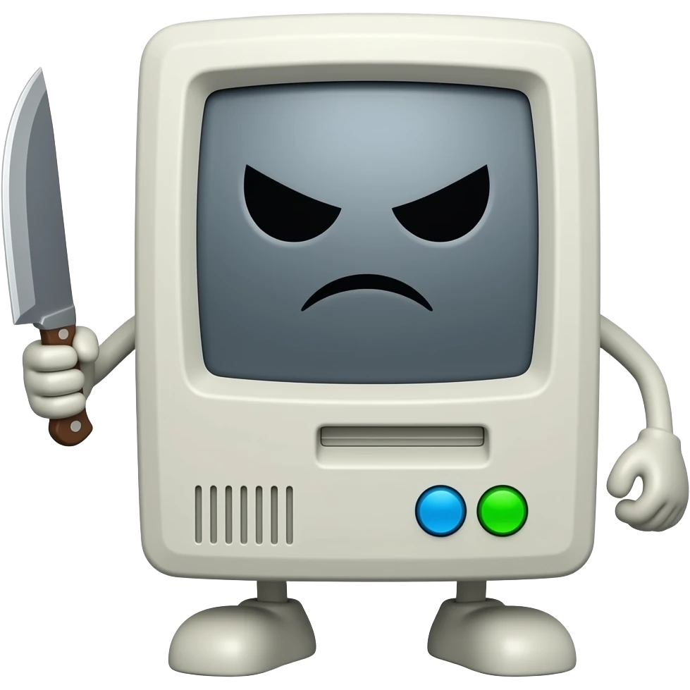 a computer with a evil face and hands and legs and knife in hand emoji