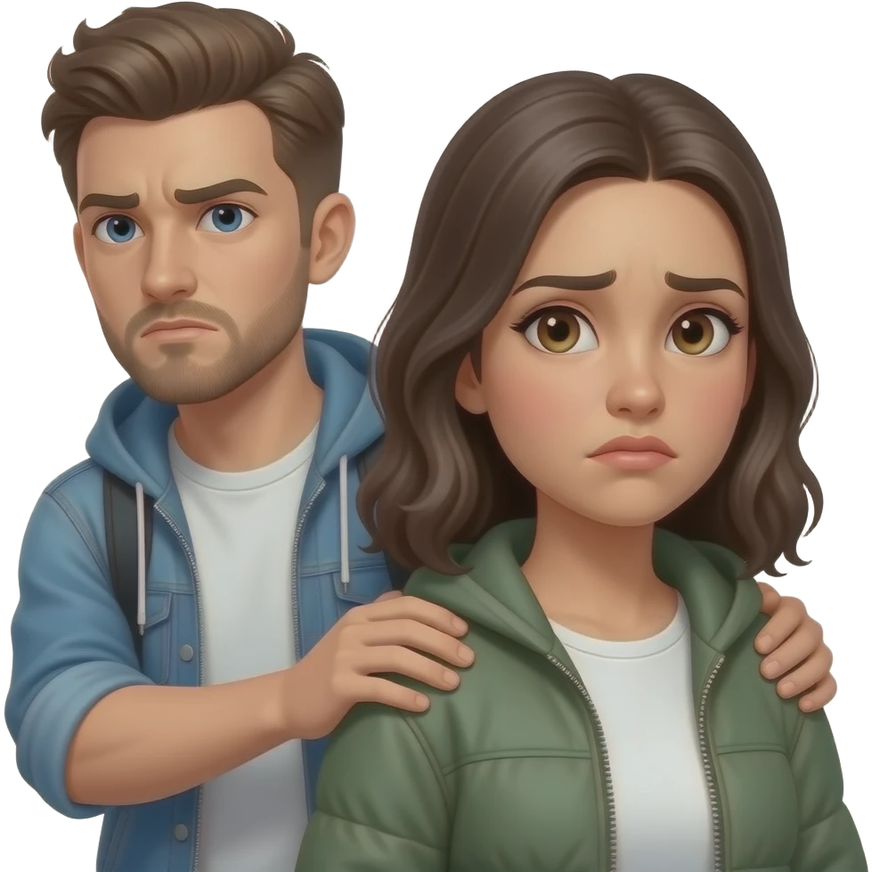 upset defensive guy, looking over his shoulder,  protecting poor humble young woman, she has neutral face expression, both wearing street casual clothes emoji