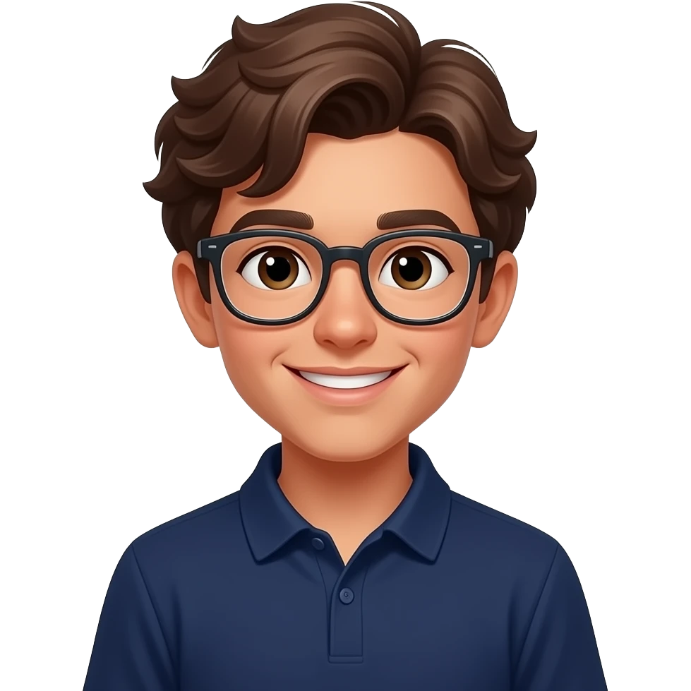 14 year old Boy with brown wavy hair, glasses, tan coloured skin and a smile, navy polo shirt emoji