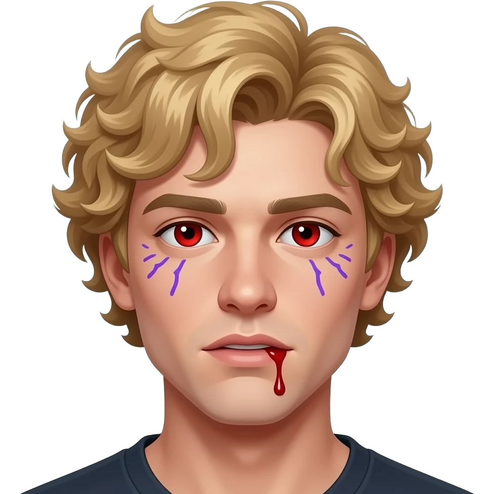 Nicklaus Mikealson biondo riccio e più giovane gli scende una goccia di sangue dalla bocca e ha gli occhi rossi e le vene viola attorno agli occhi emoji
