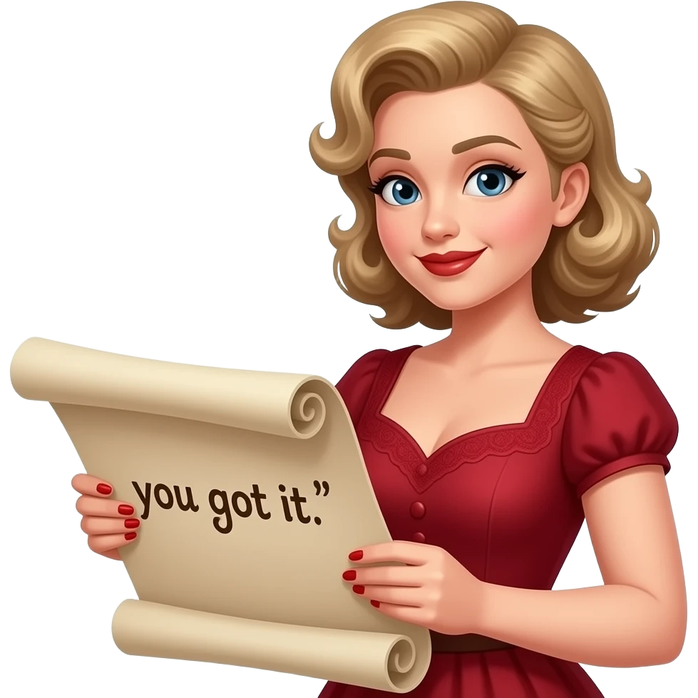 Short curly blond hair side swept Holding an open scroll saying you got it with red nail polish, brown lipstick and red vintage dress emoji