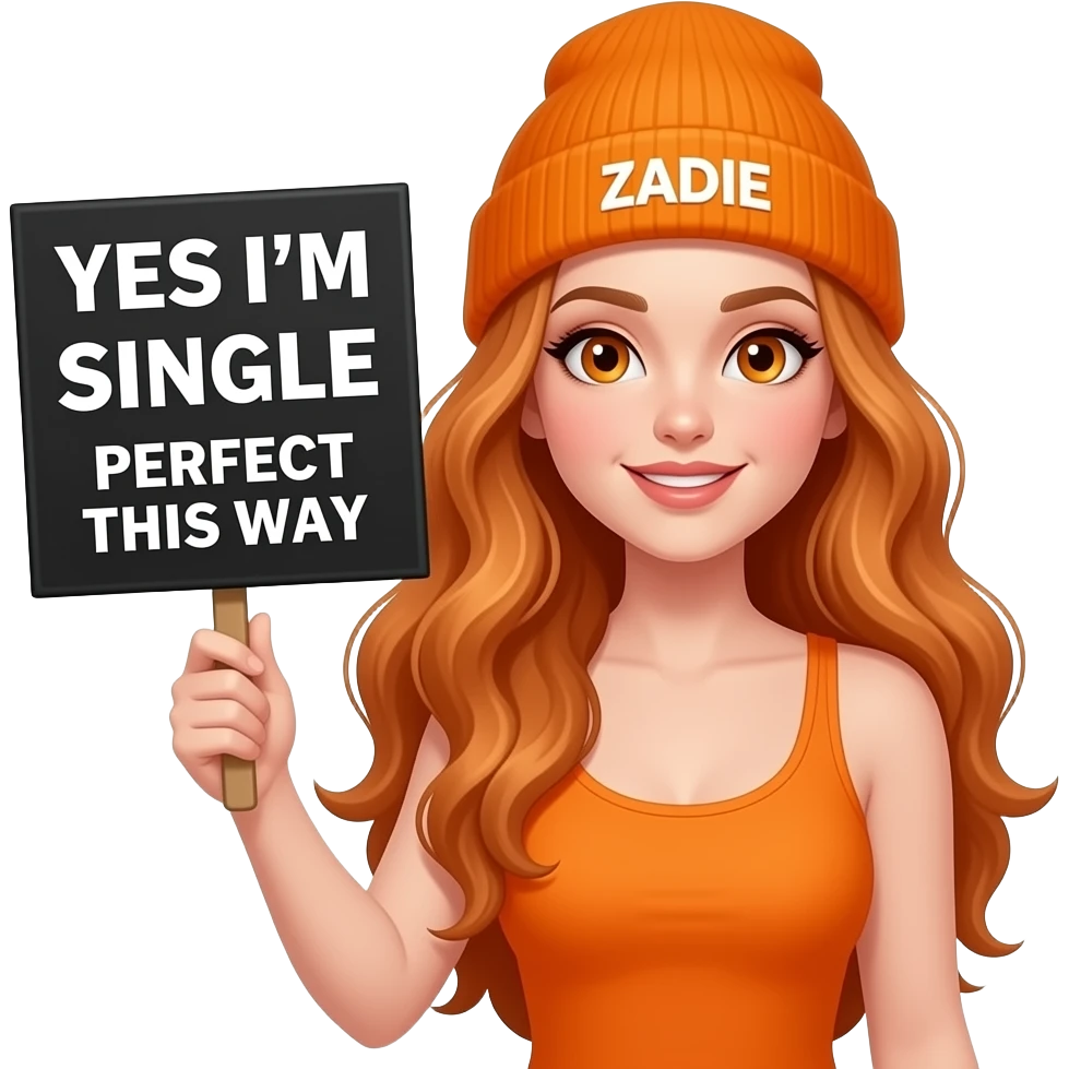sexy girl with overlong wavy ginger hair and ginger eyes wearing a orange tanktop and a orange beanie with ZADIE written on it, is holding a black sign with YES I'M SINGLE and PERFECT THIS WAY written on it emoji