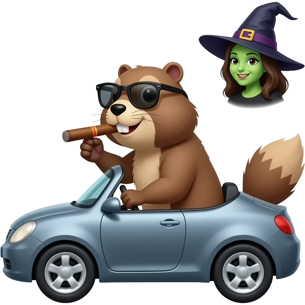 Marmotte au volant de voiture avec cigare et lunette de soleil et une sorcière dans le ciel emoji