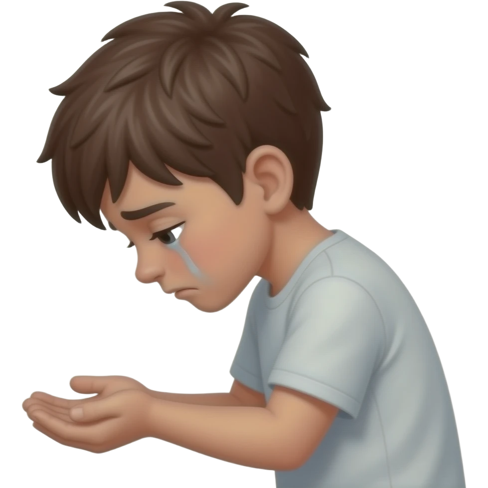 a boy facing backwards looking down into the palm of his hands because he is sad and depressed emoji