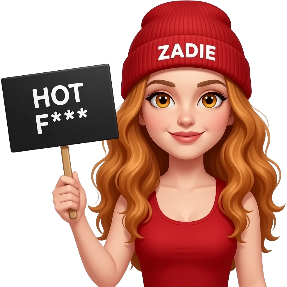 sexy girl with overlong wavy ginger hair and ginger eyes wearing a red tanktop and a red beanie with ZADIE written on it, is holding a black sign with HOT as F*** written on it emoji