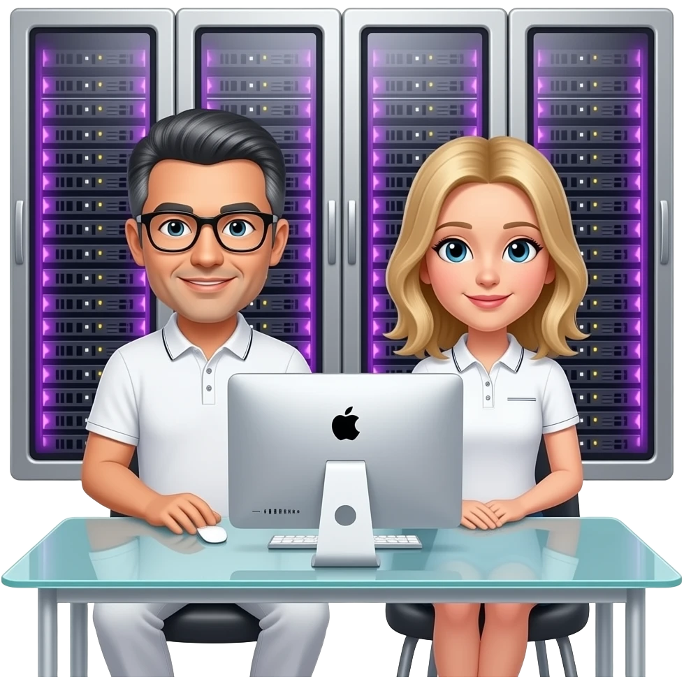 background is a silver server cabinet with purple lighting, in the foreground is a glass table and an imac computer, two men are standing, gray hair, black glasses, black hair, silver glasses, dressed in white pants and a polo shirt, a blonde girl is sitting at the table, emoji