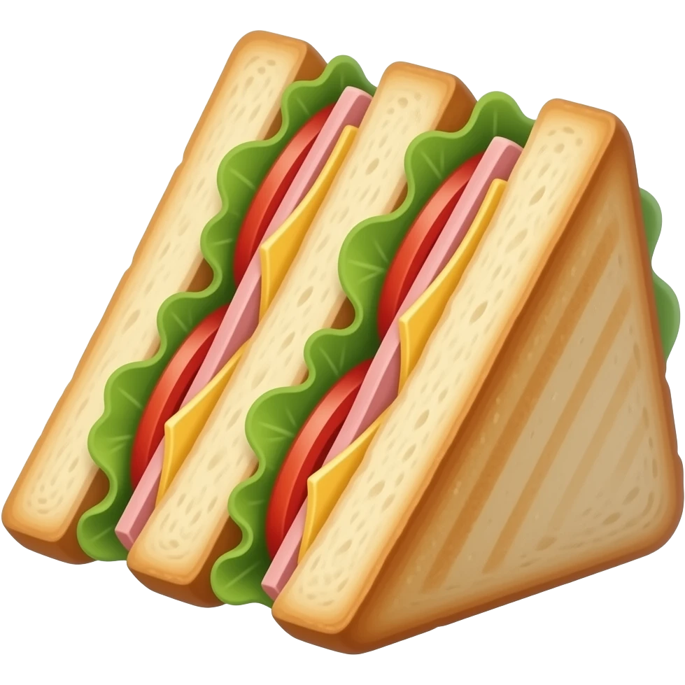3D emoji style classic sandwich, two triangular halves stacked, 
toasted bread with green lettuce, red tomato, yellow cheese, 
and ham layers visible from the side, 
Apple emoji aesthetic, soft highlights, 
transparent background, bold simple shapes emoji