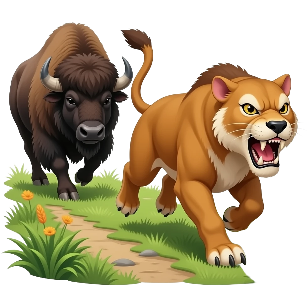 Angry smilodon running in the bushes from defensive bison herd chasing it emoji