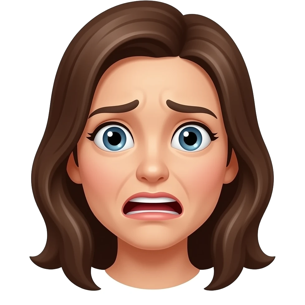 Create a shocked face that is laughing but in pain, make it femail, and make her laugh a little bit but still look like she is scared emoji