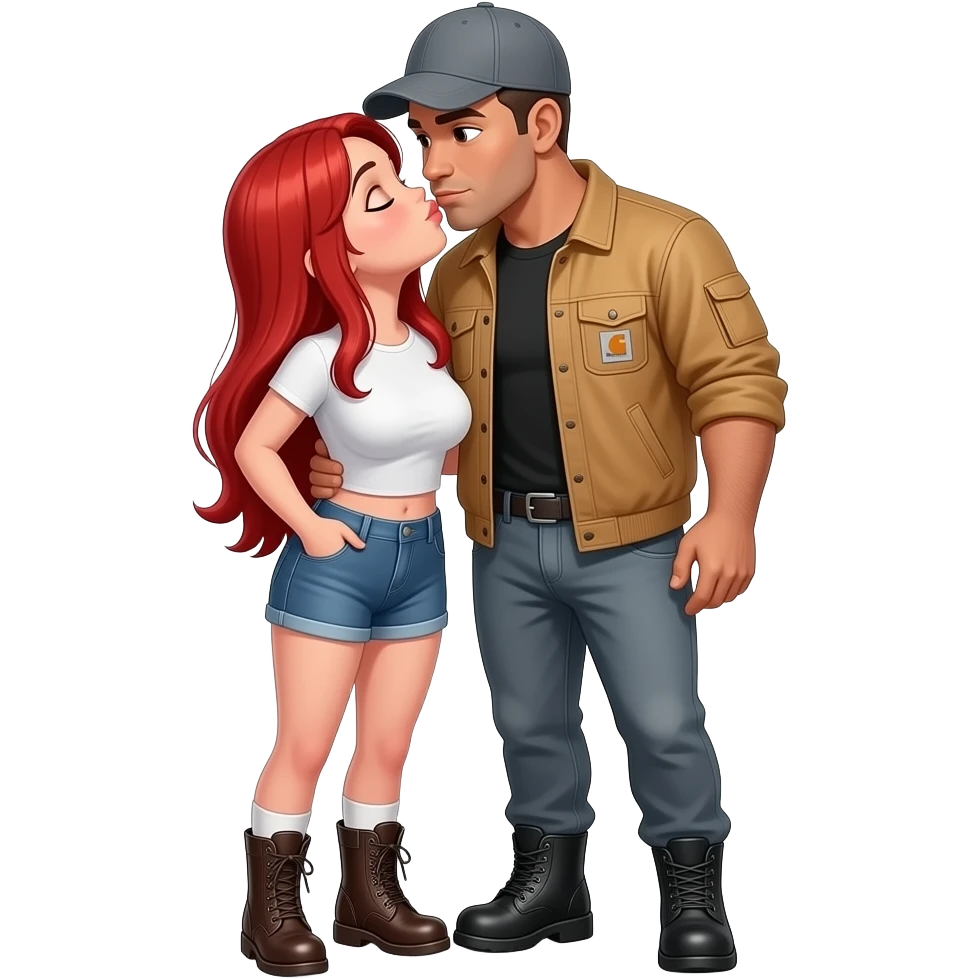 Short petite girl with big boobs and long fire engine straight red hair, wearing jean shorts, leather work boots, white t shirt and a tan Carhartt jacket Kissing a tall medium to large build man with tan skin wearing a gray baseball hat, grey pants, a black t shirt and black work boots emoji