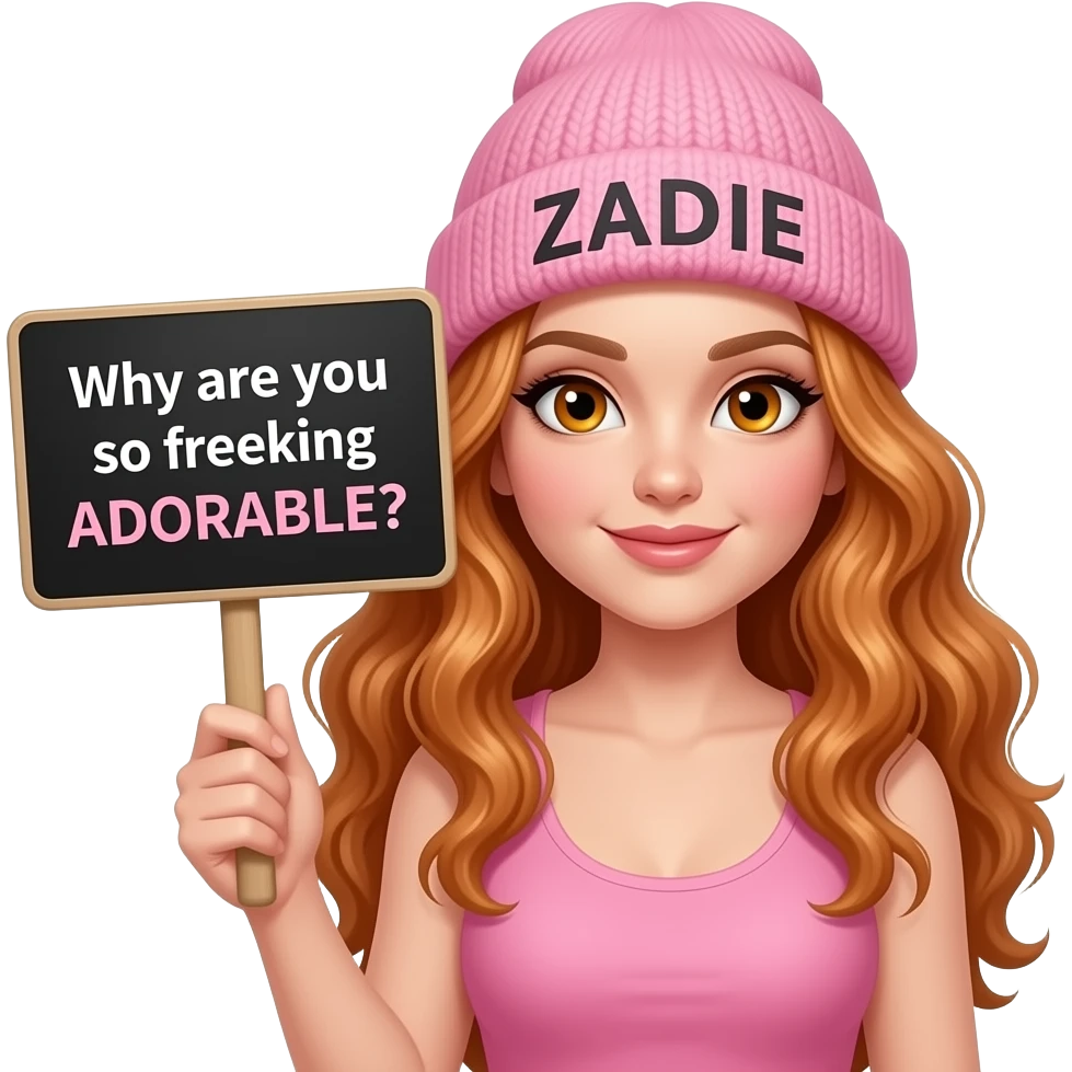 sexy girl with overlong wavy ginger hair and ginger eyes wearing a pink tanktop and a pink beanie with ZADIE written on it, is holding a black sign with Why are you so freaking ADORABLE? written on it emoji