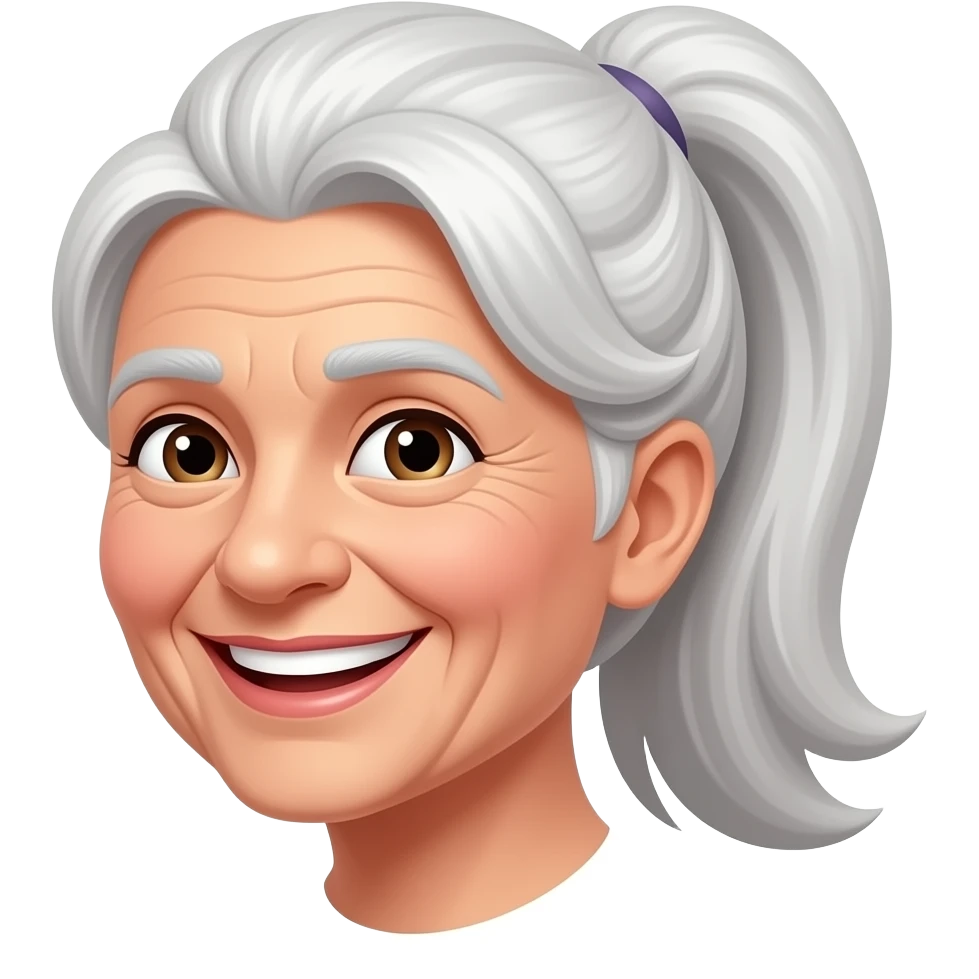 "An old lady with her long white hair gathered into a ponytail is beaming with a bright smile. emoji