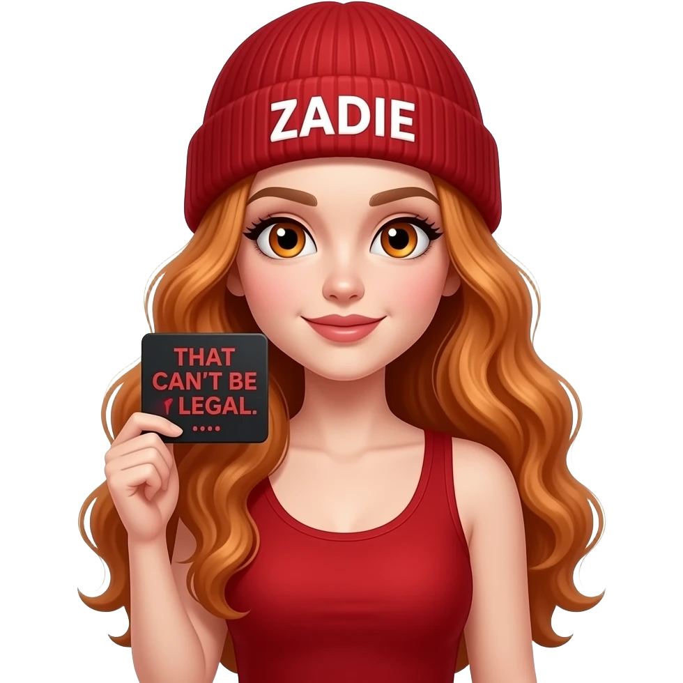 sexy girl with overlong wavy ginger hair and ginger eyes wearing a red tanktop and a red beanie with ZADIE written on it, is holding a black sign with THAT CAN'T BE LEGAL... written on it emoji
