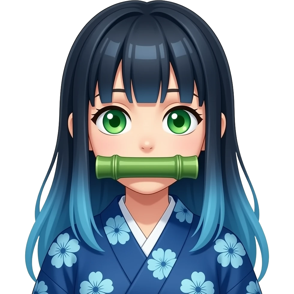 Que se parezca a Nezuco de Demon Slayer pero con los ojos verdes el bambú grueso en la boca y pelo azul y el kimono azul con flores azules pastel emoji