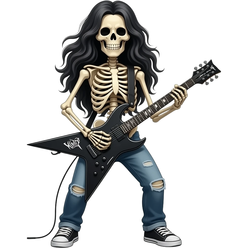 A full body long haired skeleton playing a heavy metal guitar emoji