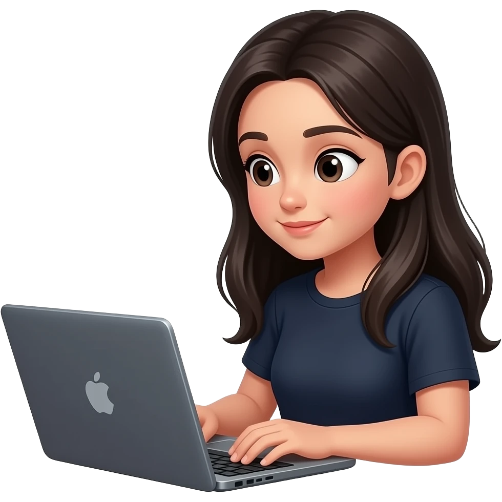 A girl in dark home clothes and dark long hair sits at a laptop looking at it emoji