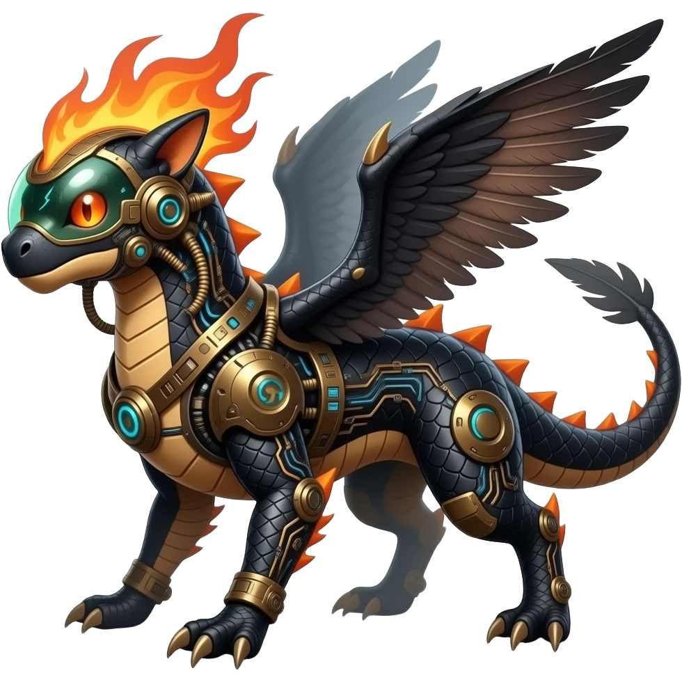 Cool edgy fiery bipedal scaly cybernetic electrical visor-helmeted, Circuitry-patterned black-scaled digitigrade futuristic fantasy-Cyberpunk-Steampunk-Solarpunk-Genesect-Cyclizar-Salazzle-Protogen-Fakémon-animal-hybrid, feathery, and a tail blade, back spikes emoji