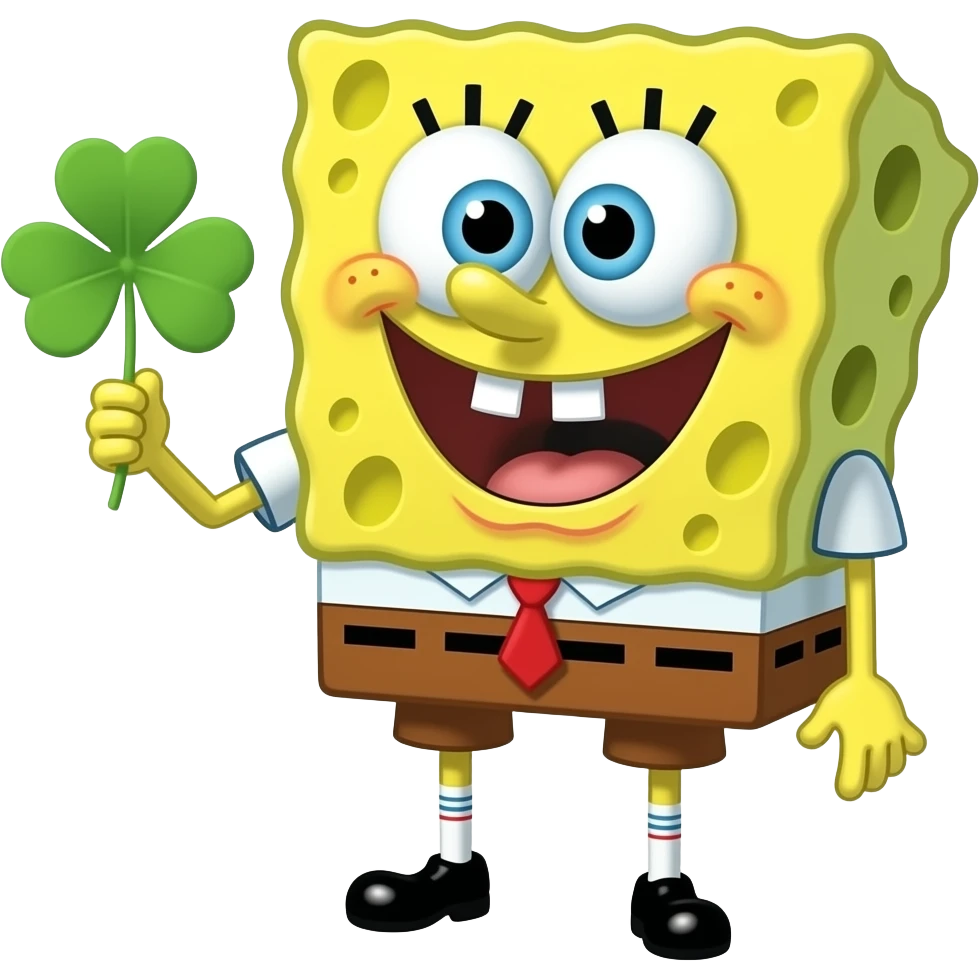 szczesliwy spangebob trzymajacy czterolista koniczyne emoji