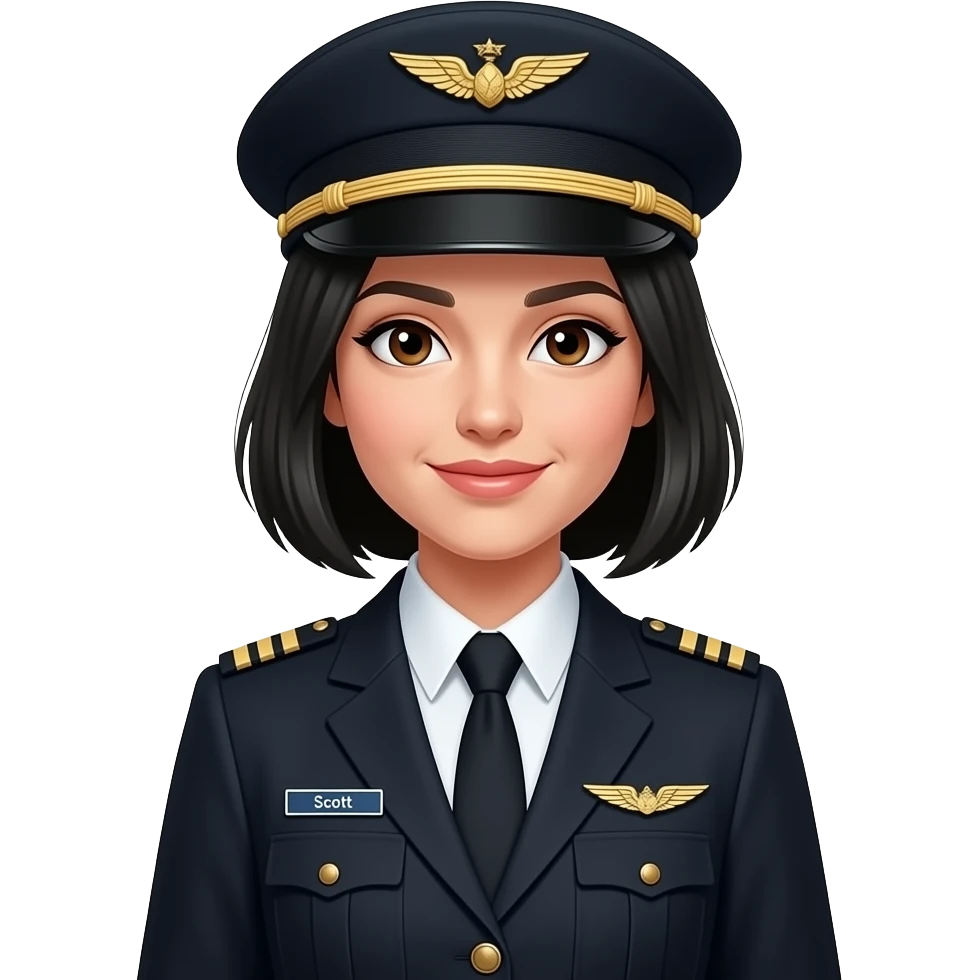 Full Body Pilot w blazer Black hair white skin brown eyes with hat and name badge under wing badge “Scott”f emoji